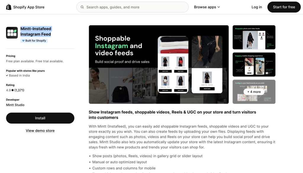 Mintt‑Instafeed Instagram Feed shopify app
